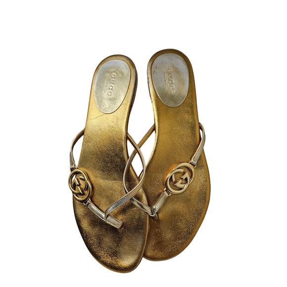 Gucci 36 Miroir Gold Metallic Leather Flip Flop Sandal Thong Logo Dustbag Box - Picture 7 of 12
